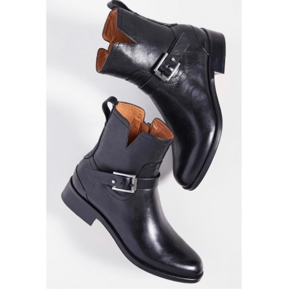 RAG & BONE Women's 8 Black Abel Side Zip Moto Boots Leather Buckle Short Heeled